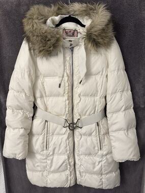 Juicy Couture White Puffer Coat Vintage Buckled Waist Faux Fur Winter Snow Y2K
